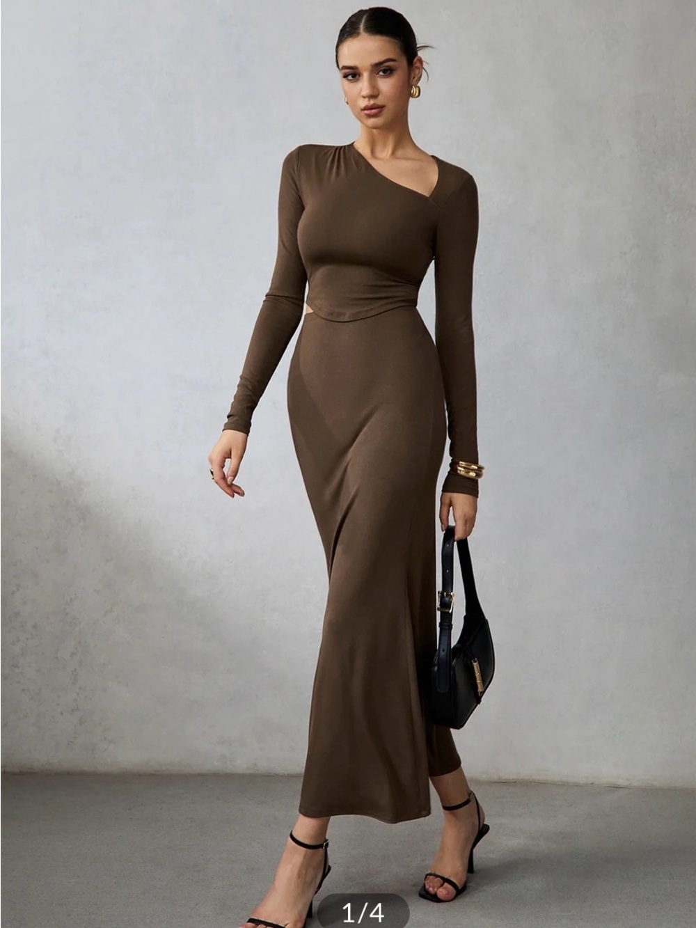 Commense Asymmetric One-Shoulder Long Sleeve Maxi Dress in Brown